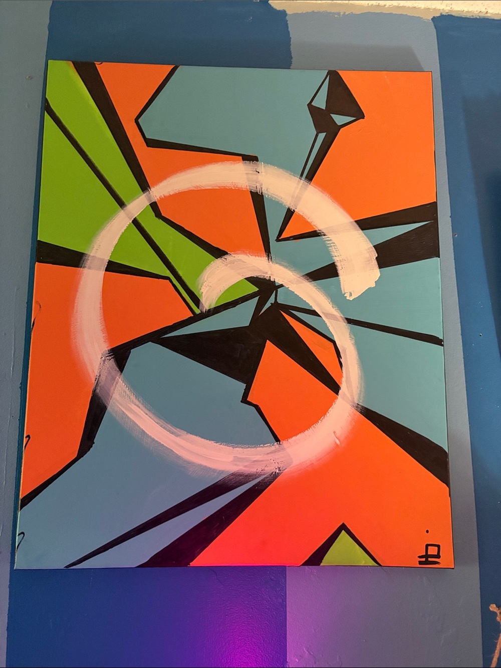 Modern Abstract Geometric Painting in Orange, Blue & Green by